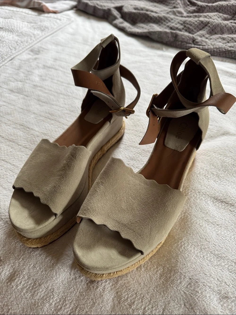 Chloe grey Suede Scallop Espadrille Wedge Sandals